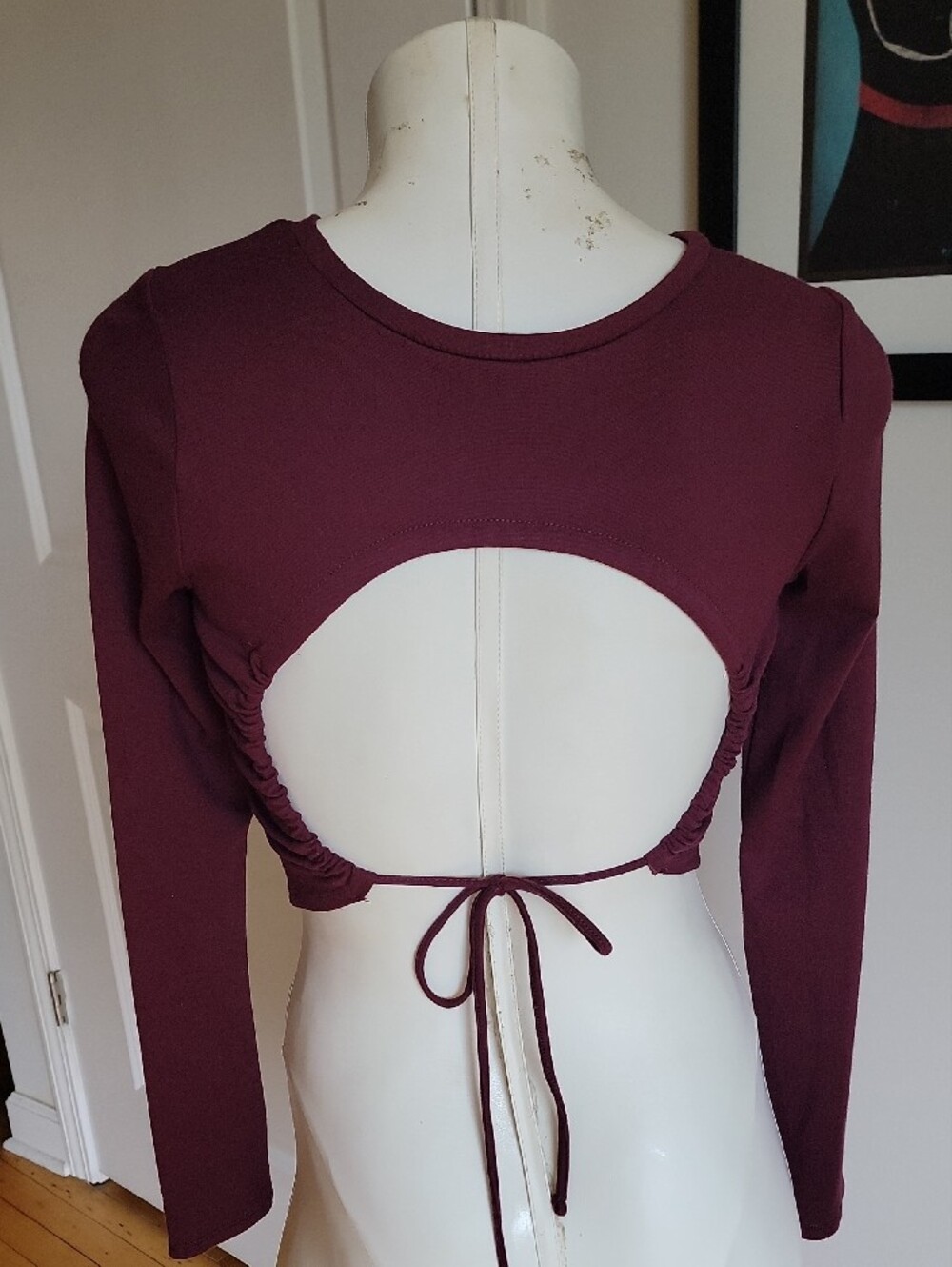 Garage Burgundy Open Back Draw String Long Sleeve Crop Top XS